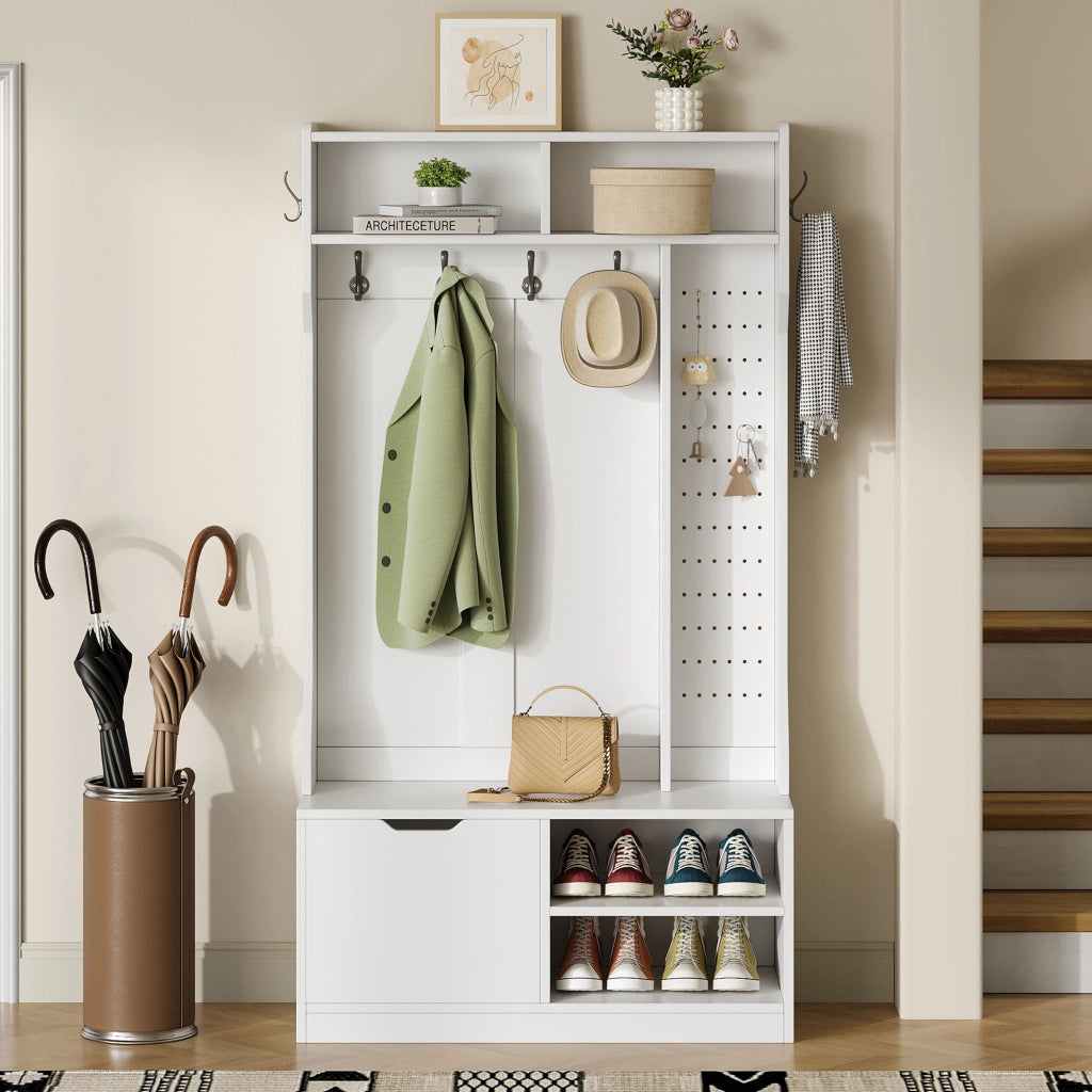 OKWISH Mobile da Ingresso con Panca, 6 Ganci, Vani Aperti e Scarpiera Ribaltabile, Bianco, 100 x 40 x 185.5 cm
