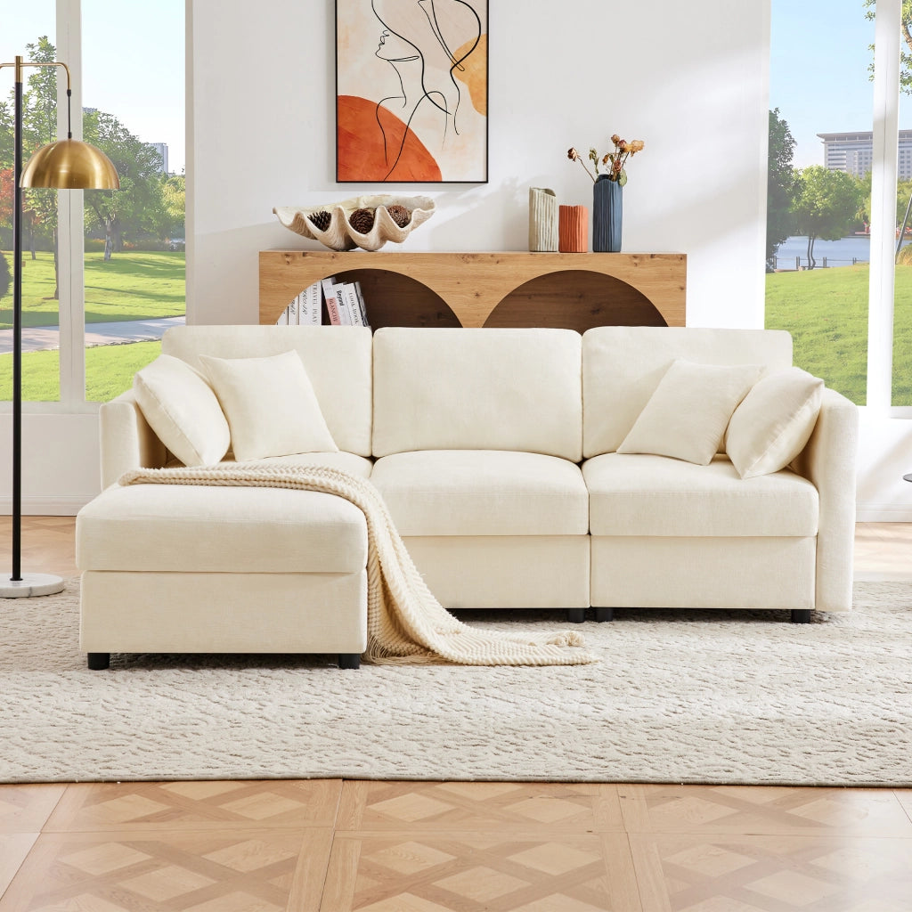 Divano Angolare Convertibile 3-4 Posti con Pouf Mobile, Braccioli Regolabili, in Ciniglia Beige