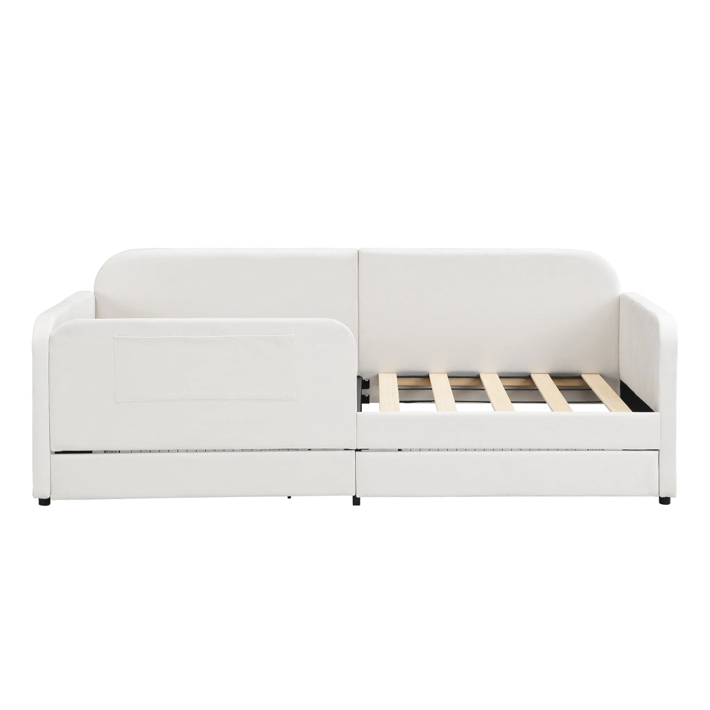 Letto a Divanetto 90x200 cm; Letto Singolo - 2 Cassetti e 3 Tasche - Velluto Bianco