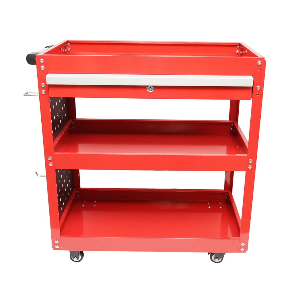 Carrello metallico su ruote con 3 ripiani, supporti e cassetto per attrezzi 660x360x730mm.