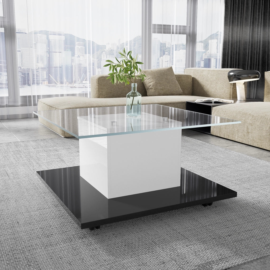 Tavolino da caffè 80x40x80 cm; piano in vetro temperato con LED regolabile e ruote; pannello truciolare bianco e nero