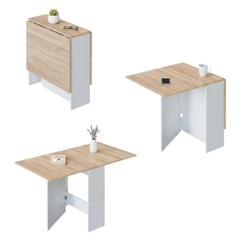 Tavolo allungabile Arid, Tavolo da pranzo pieghevole con piano abbattibile, Tavolo ausiliario richiudibile, cm 77x31h78, Bianco e Rovere