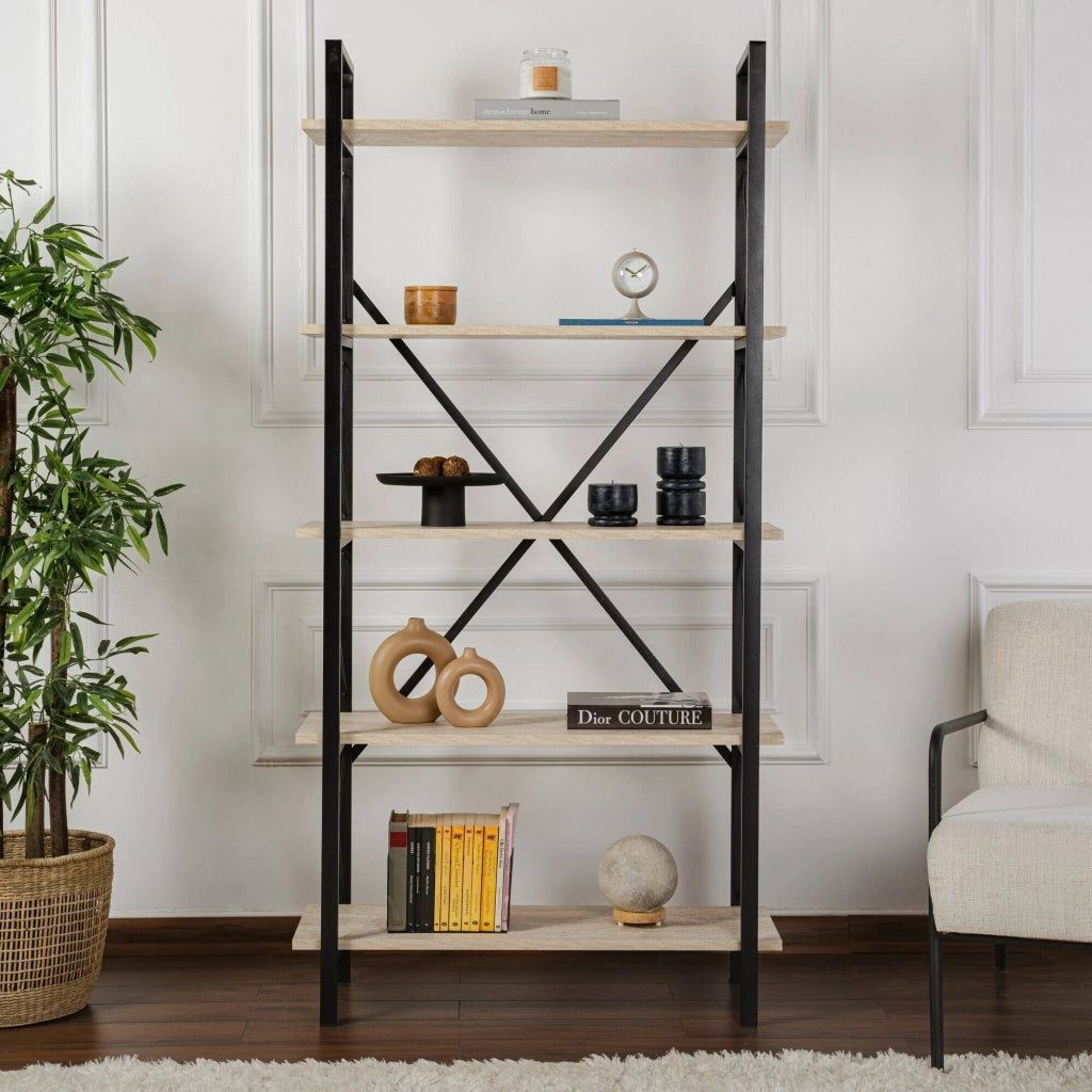 Libreria Suriel, Scaffale da ufficio, Mobile portalibri, Biblioteca, 90x34 h180 cm, Beige e Nero
