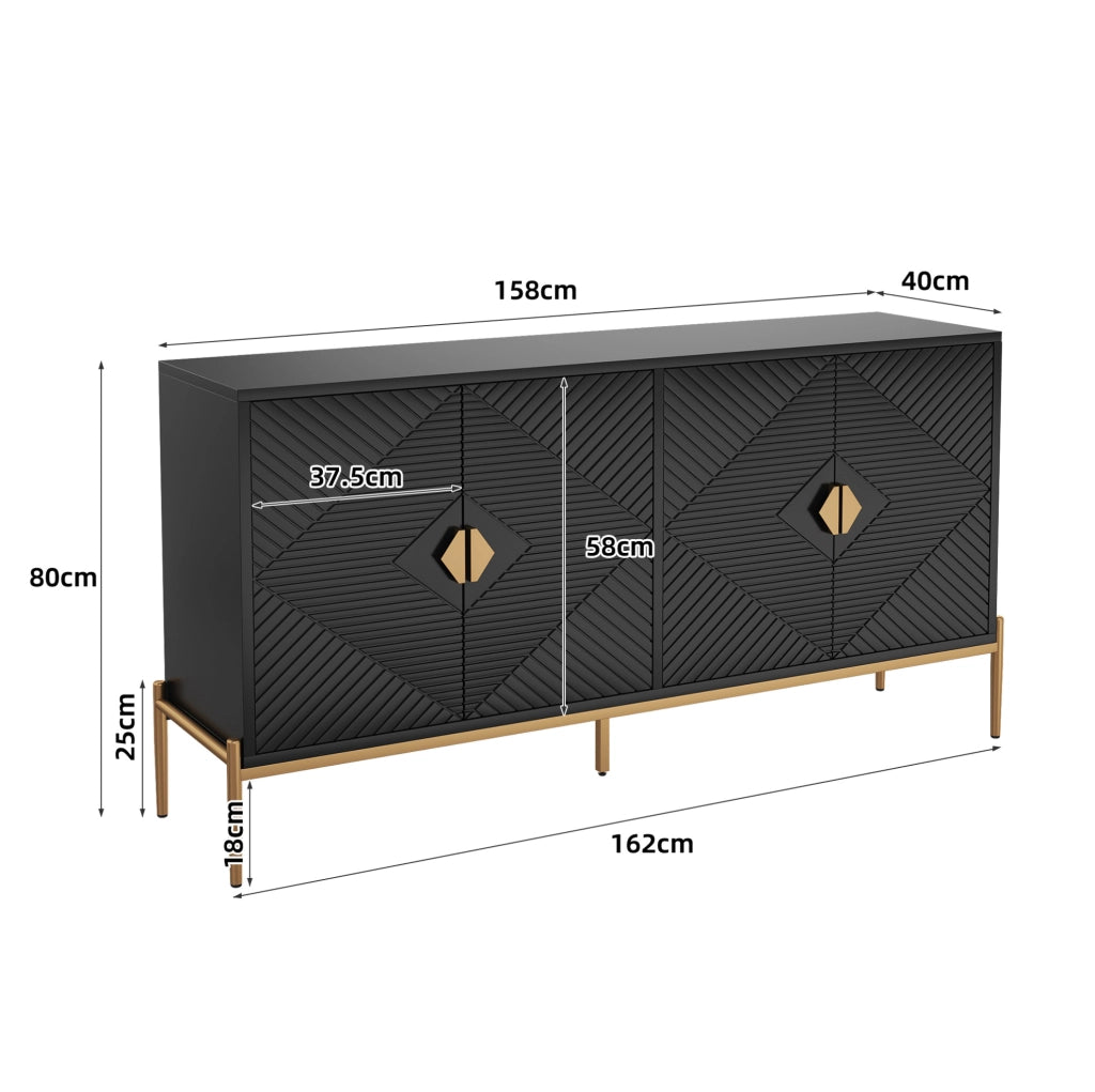Credenza 162x40x80 cm nera in MDF e pannello truciolare, 4 ante