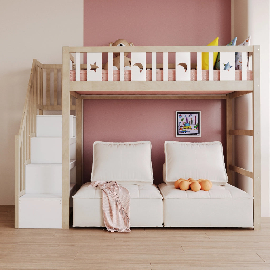 Letto a soppalco 90x200 cm con scala; ripiani e decori luna e stelle in legno naturale e bianco