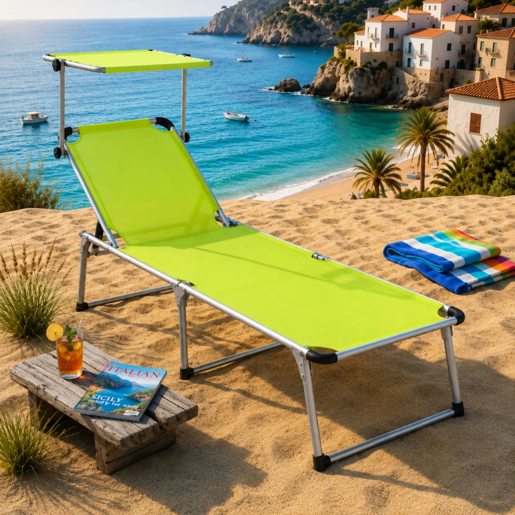 Sedia Sdraio Per Spiaggia Mare Giardino Piscina Lettino Pieghevole Prendisole Con Tettuccio Parasole Schienale Reclinabile Regolabile In 6 Posizioni Struttura In Alluminio 187 X 59 X 29 Cm Verde Fluo