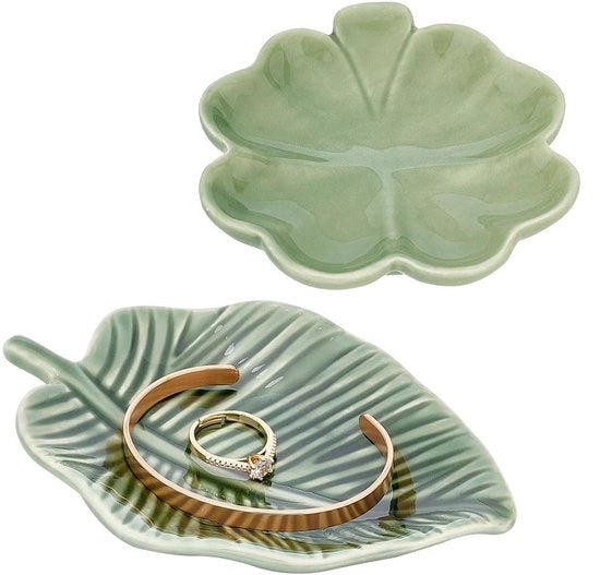 Sostituto di Snack 2-delig - Piatto in Ceramica - Verde - Conservazione dei Gioielli - Forma a Foglia - Dimensioni 9,1x8,6cm/14,3x10,1cm - Sostituto di Sostituto di Gioielli