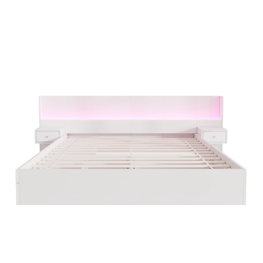 Letto matrimoniale 180x200 in MDF bianco con USB， LED e vani， senza materasso