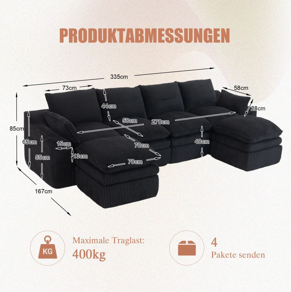 Divano modulare in velluto a coste nero con tasche laterali; 335×167×85 cm