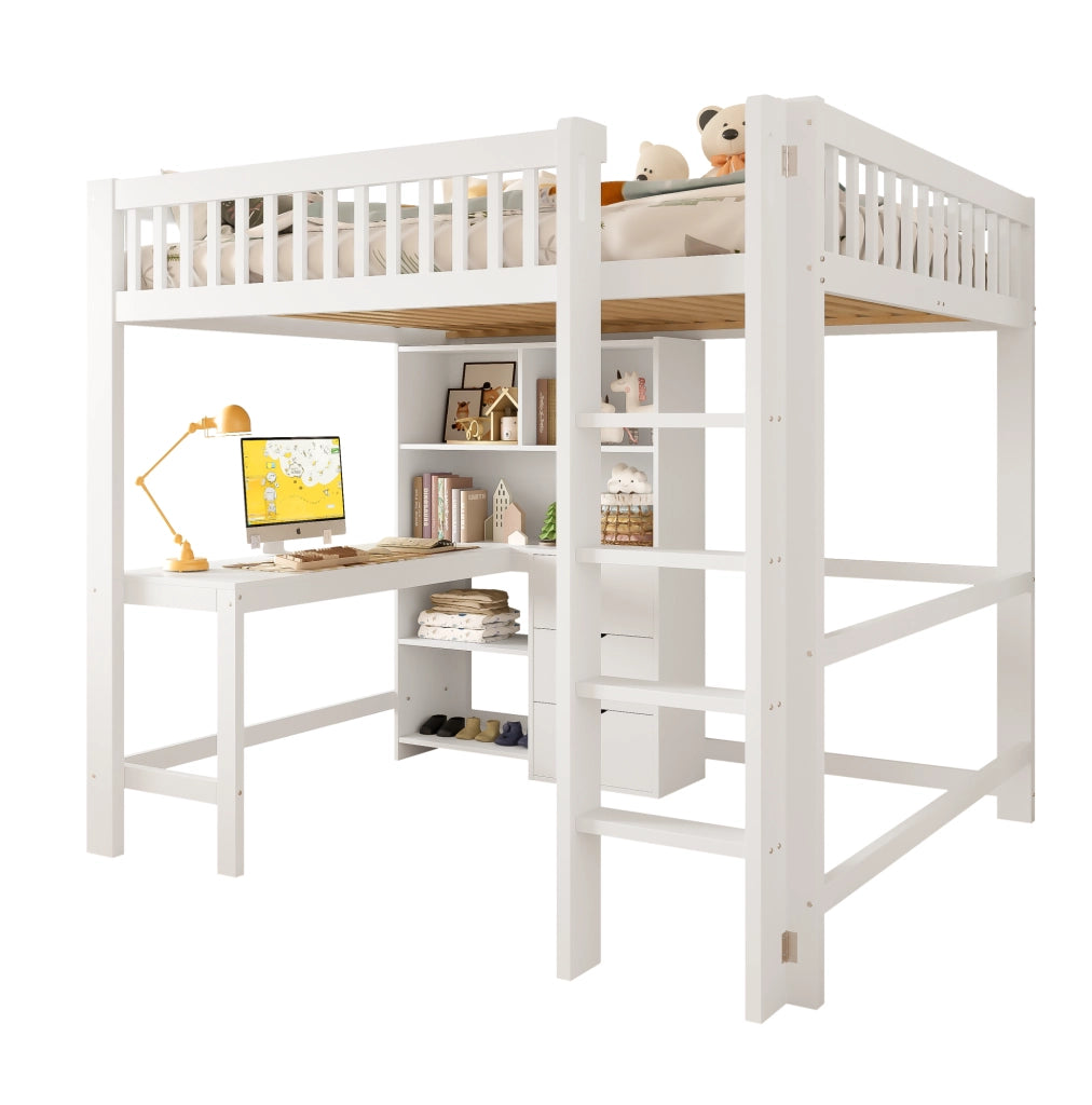 Letto a soppalco 140x200 cm in legno di pino e MDF; bianco; con scrivania; scala e cassetti