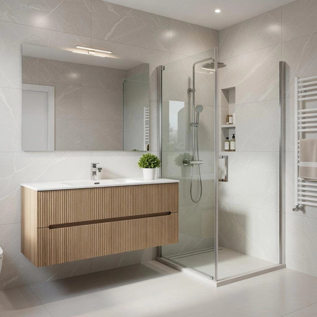 Composizione mobile bagno sospeso con cassetti cm 120 cannettato mod. STICK - Rovere Chiaro