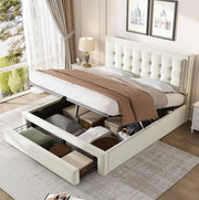 Letto in velluto beige con testiera regolabile e cassetti