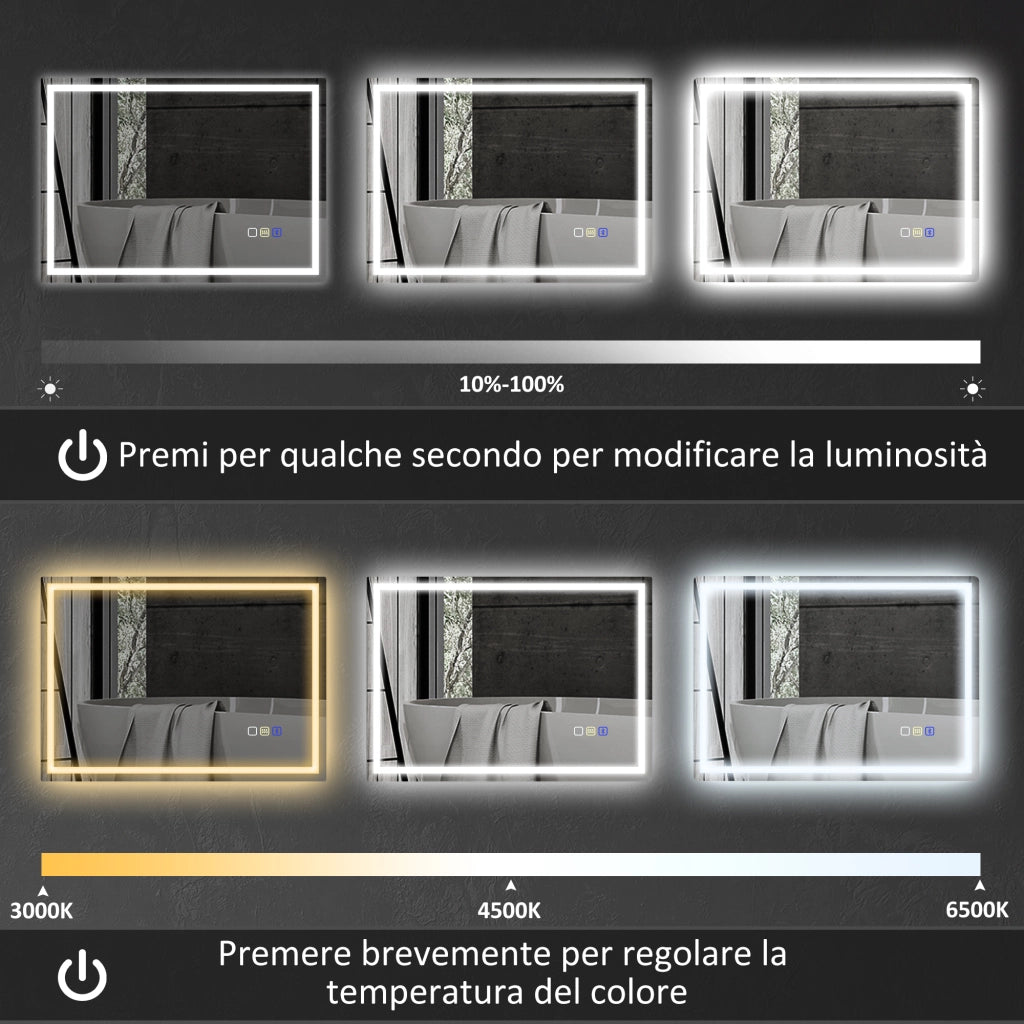 Specchio Bagno da Parete LED Antiappannamento 80x100 cm Speaker Bluetooth e Pulsanti Touch in Vetro Temperato