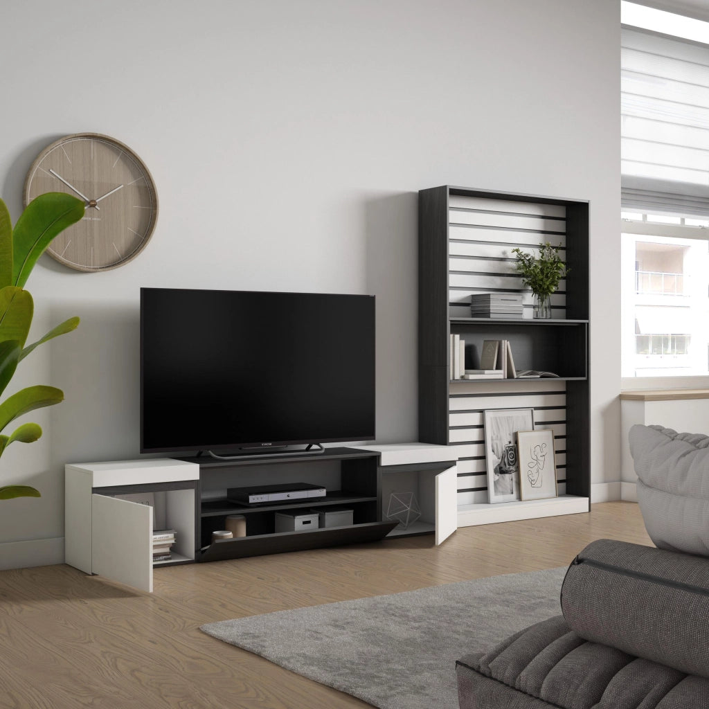 Mobile TV, Soggiorno, 310x35x186cm, Per TV fino a 80", Set di mobili, Bianco e nero RF2849