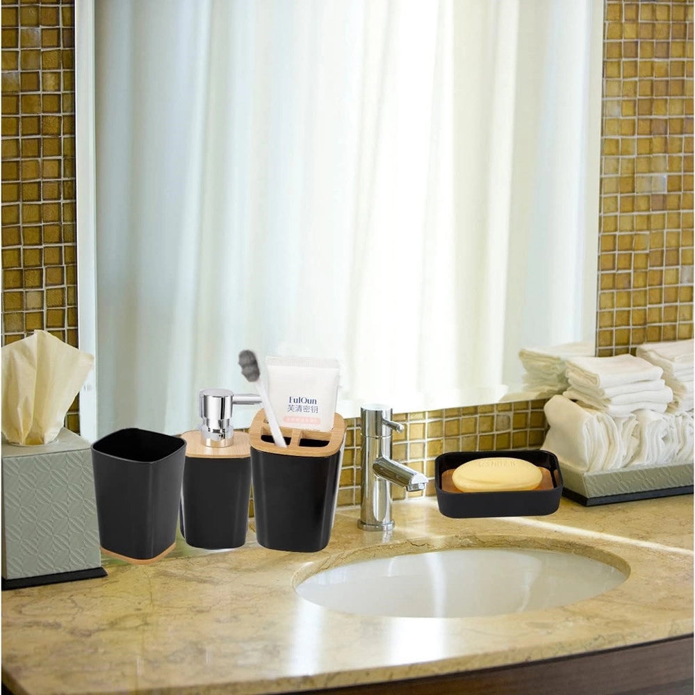 Trade Shop - Set Accessori Bagno In Bambù 6 Pz Moderno Bidone Spazzatura Portasapone Dispenser -