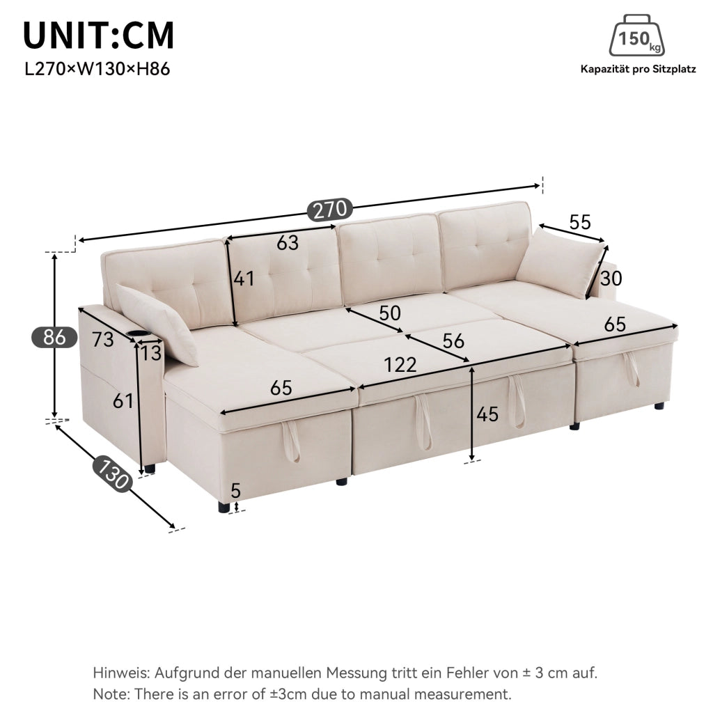 Divano letto U-förmige con contenitore, 4 posti, tessuto cotone-lino, beige, con 2 cuscini