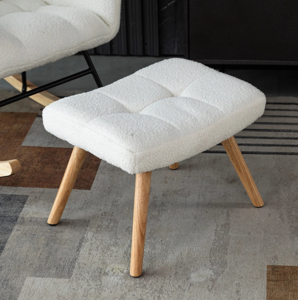 Sedia a dondolo bianca con pouf e struttura in legno
