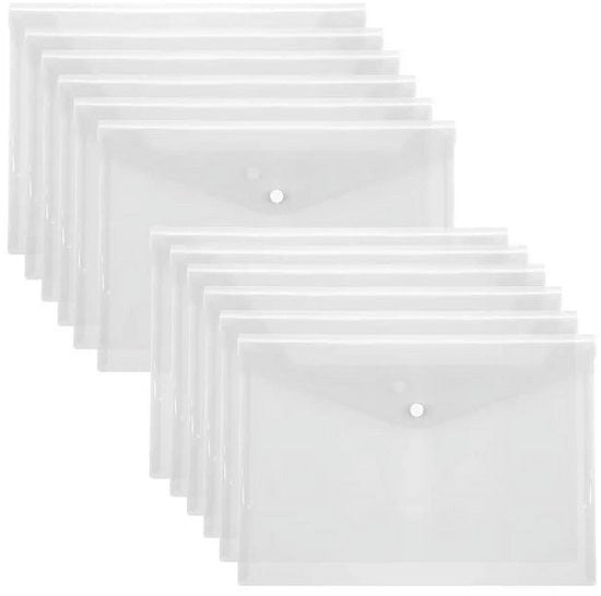 Pacchetto di 12 cartelle, carta A4 trasparente, borse di plastica impermeabili, cartelle con chiusura a pressione, articoli per ufficio.