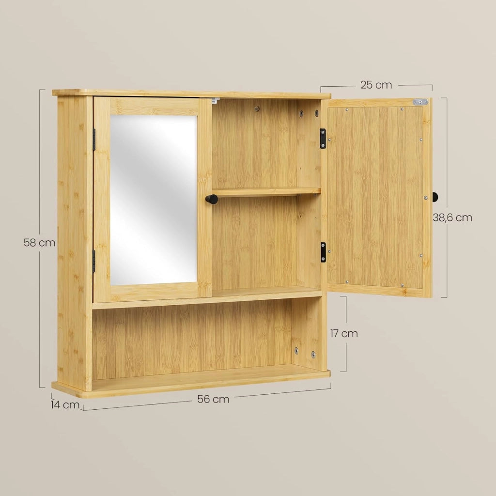 Mobiletto da Bagno Sospeso con Specchio e Ante in Bambù, Armadietto Salvaspazio, Contenitore da Parete, con Ripiano Regolabile, Scomparto Aperto, 56x14x58 cm