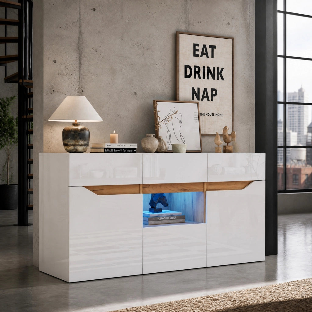 Sideboard soggiorno 140 x 40 x 70 cm con 4 cassetti, 2 ante, LED smart, finitura bianco e legno