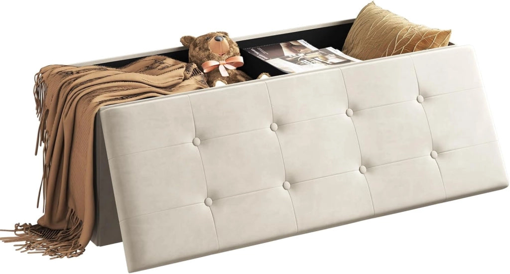 WOLTU Poggiapiedi Cassapanca Contenitore Scarpiera Pouf Sgabello Pieghevole Panca con Coperchio Sedia Bassa in Velluto Crema 110x37,5x38 cm