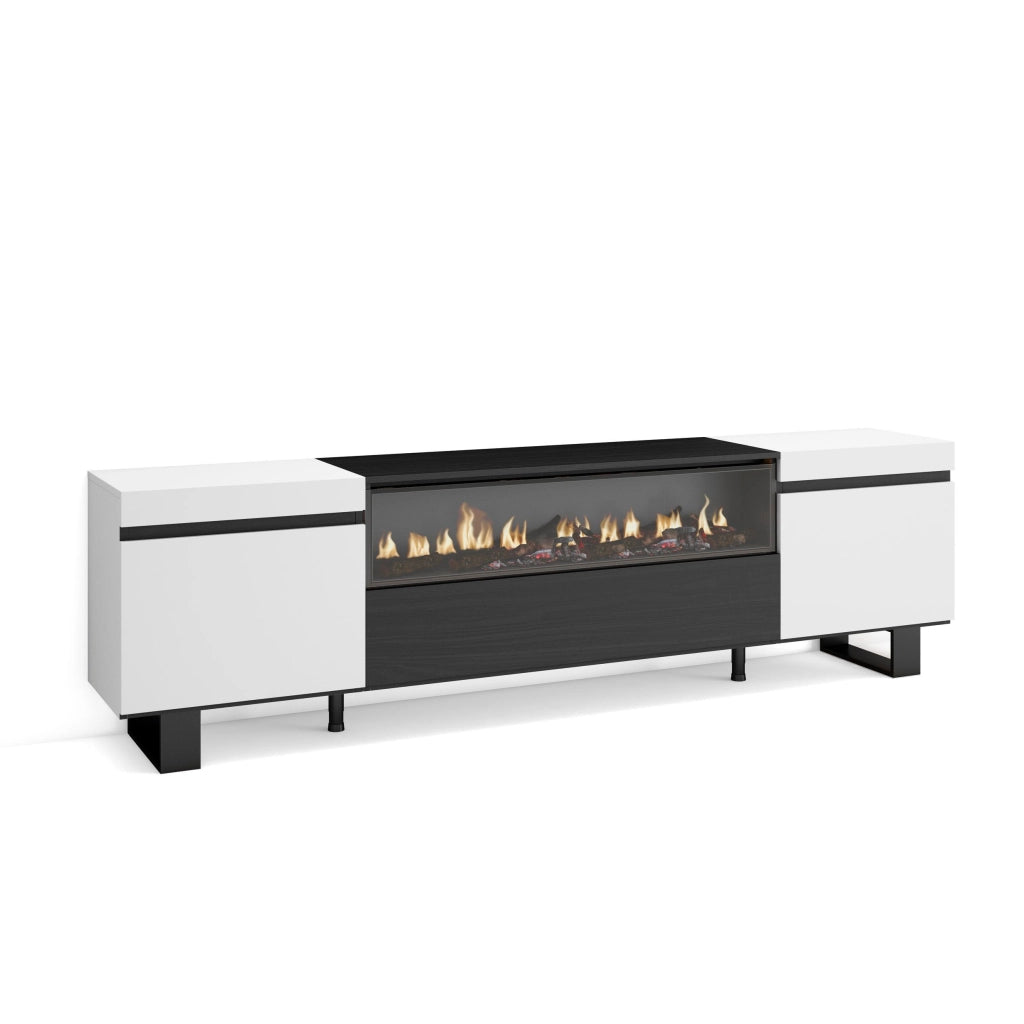 Mobile TV, 200x35x57cm, soggiorno, Per TV fino a 80", Camino elettrico, Design industriale, Bianco e nero RF2206
