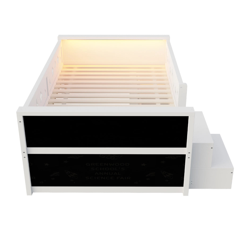 Letto singolo per bambini 90x200 cm con sponde; 4 cassetti; LED e lavagna; bianco