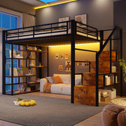 Letto a soppalco 140x200 cm con spazio libero sottostante; LED; ripiano; gradini integrati e parapetto; metallo nero