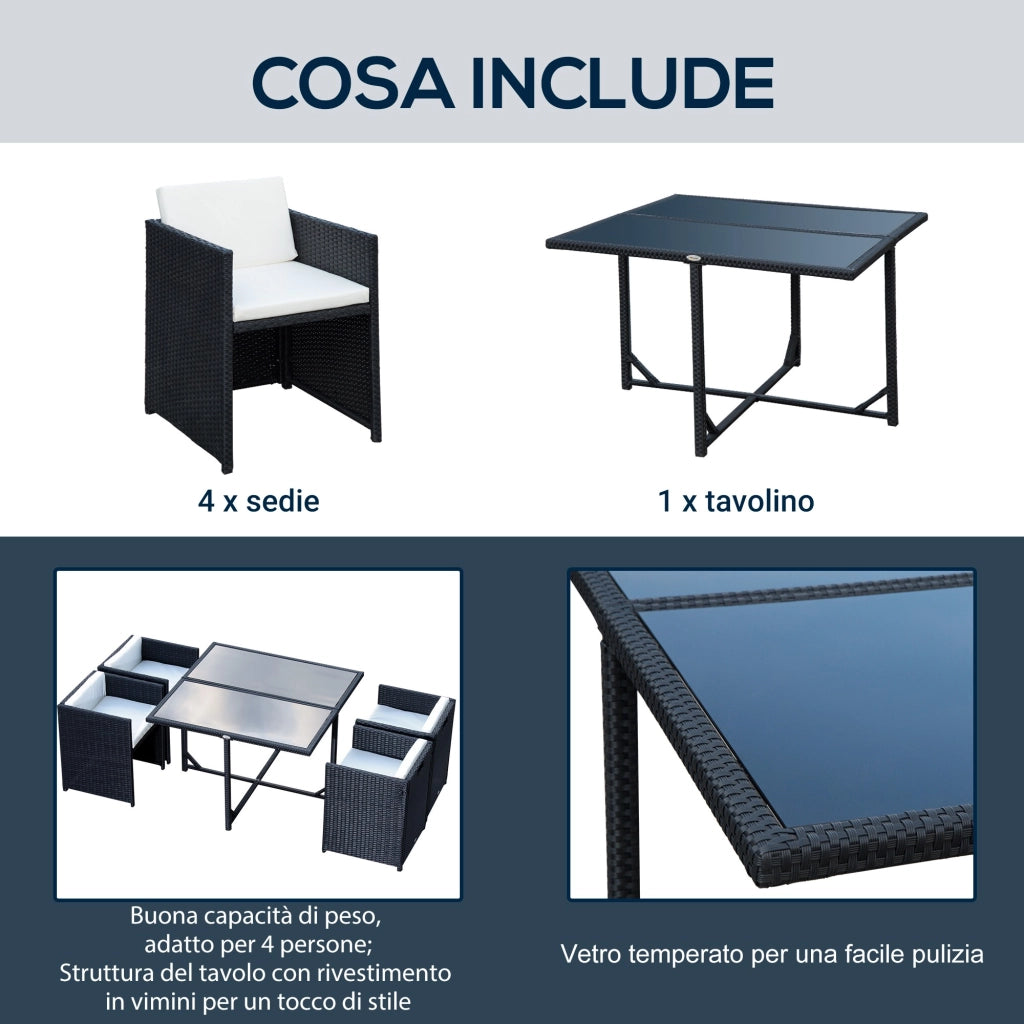 EasyComfort Set Mobili da Giardino 5pz Set Tavolo da Pranzo con 4 Sedie con Cuscini Combinabili a Rettangolo, Nero, 109x109x72 cm
