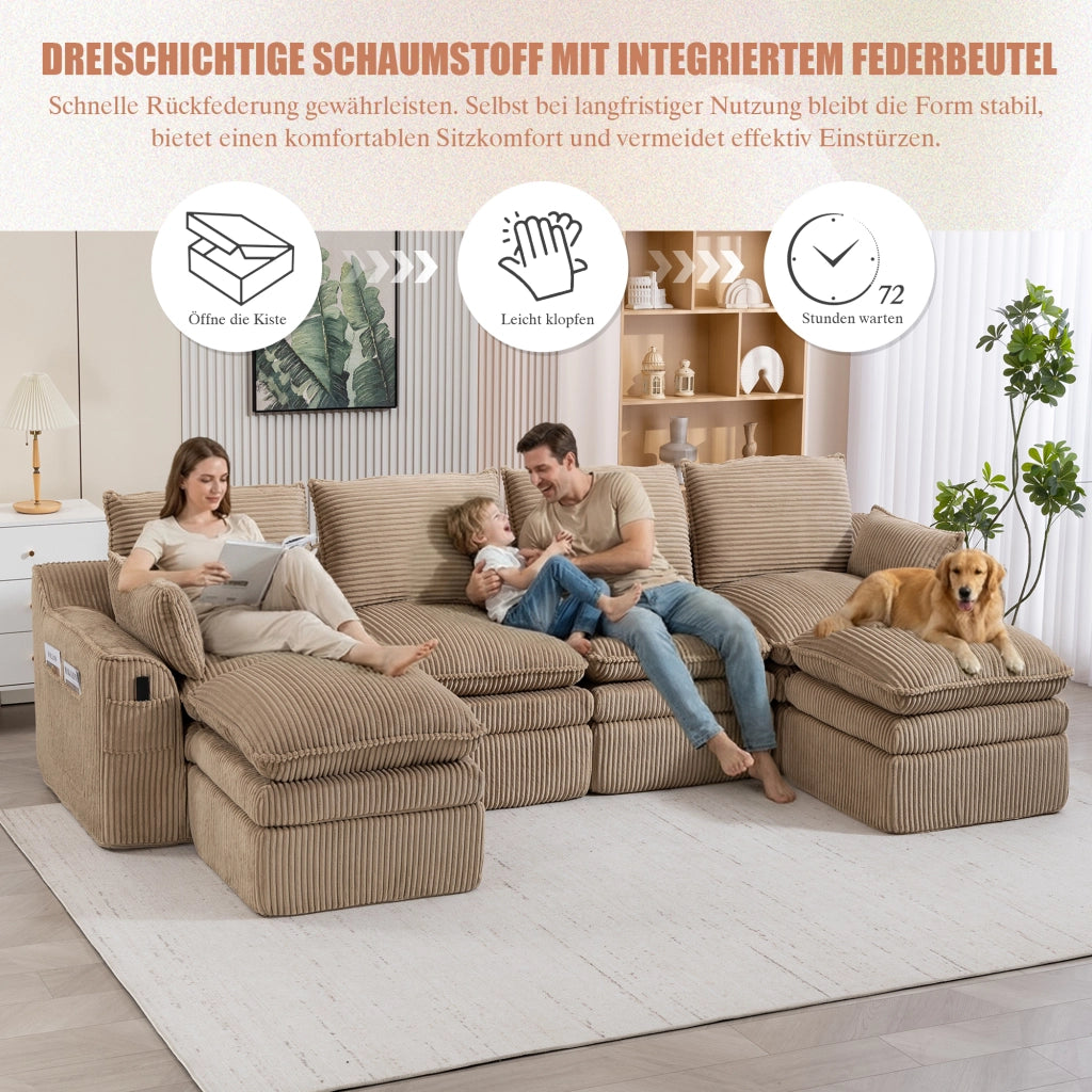 Divano modulare a 4 posti in velluto a coste con 2 pouf, cuscini, tasche laterali e schiuma a 3 strati, khaki