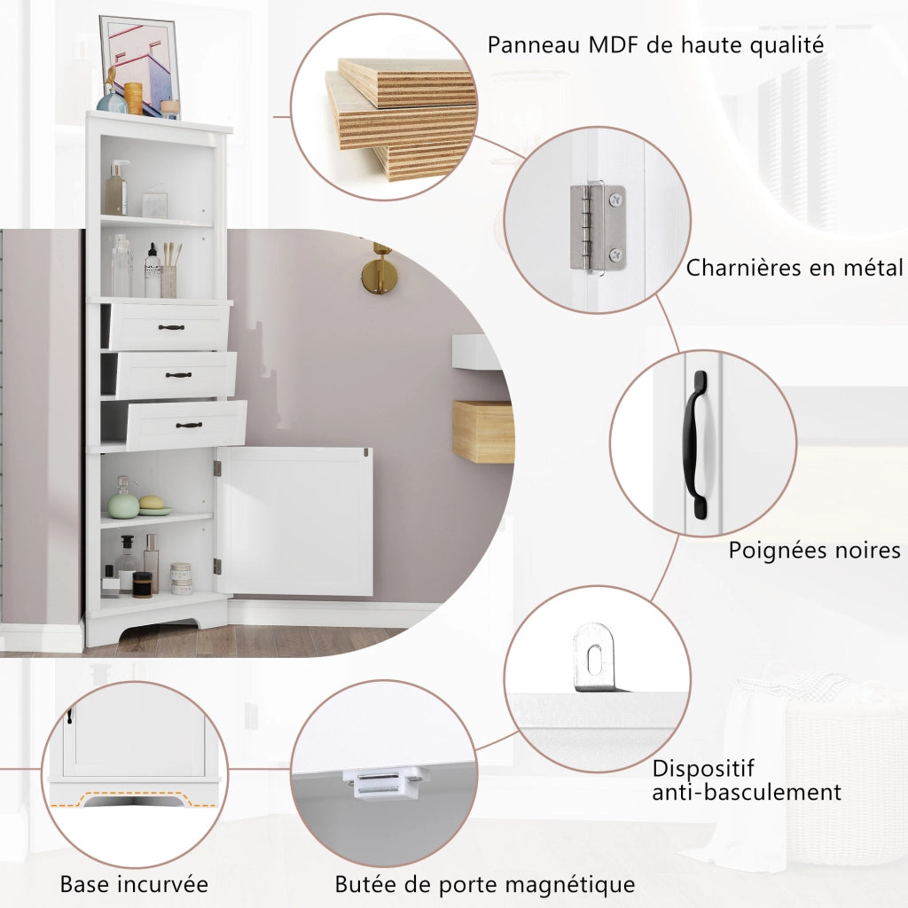 Mobile da bagno angolare con 1 anta; 3 cassetti e ripiani regolabili - bagno - 57.7×46×167.5 cm