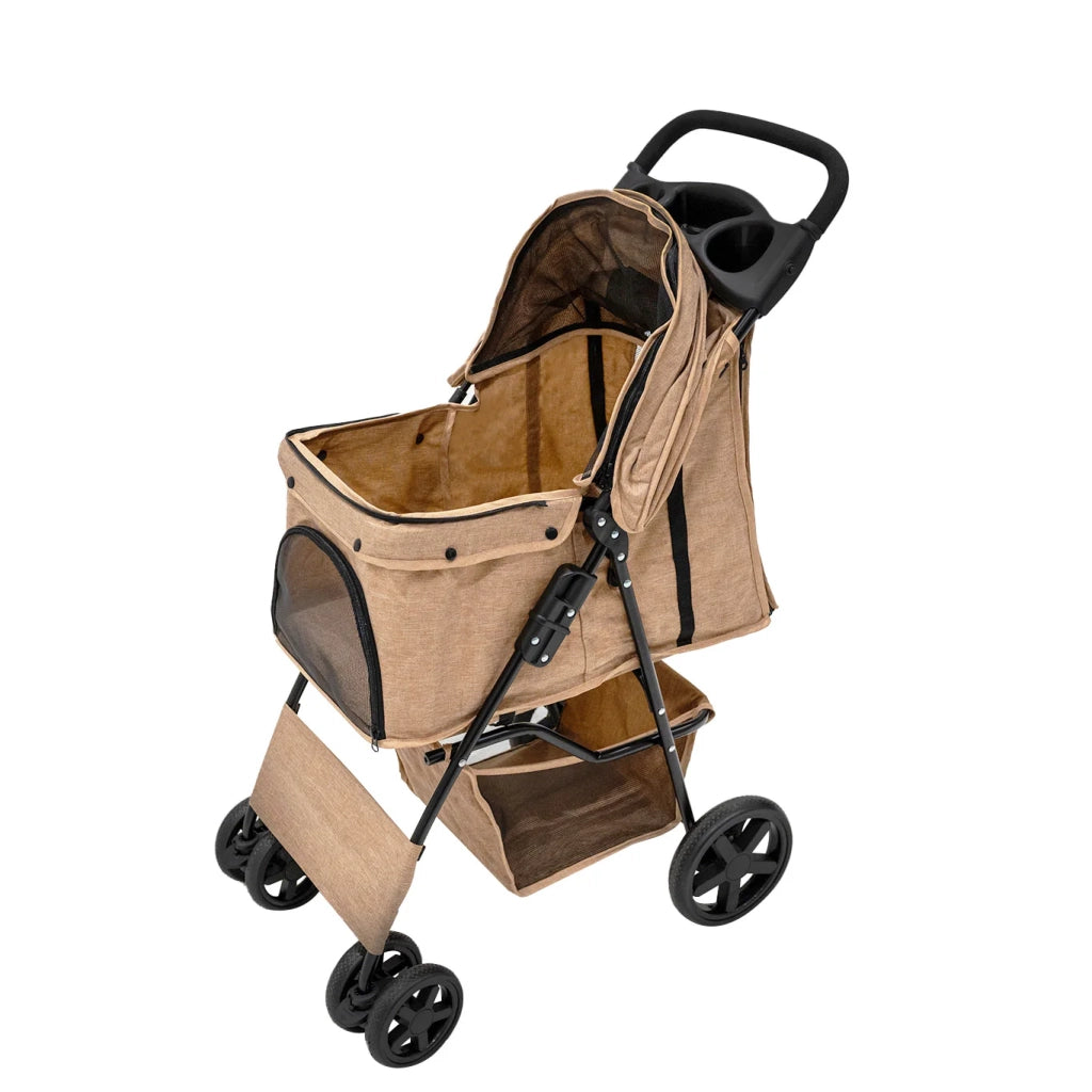 Passeggino Animali Pieghevole Beige Cane Gatto Tettuccio Antipioggia