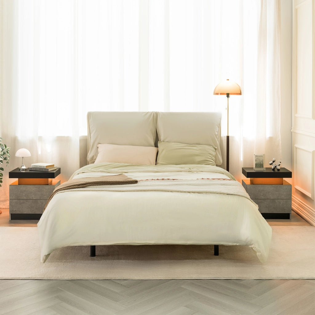 Comodino moderno grigio con luci LED regolabili e 2 cassetti
