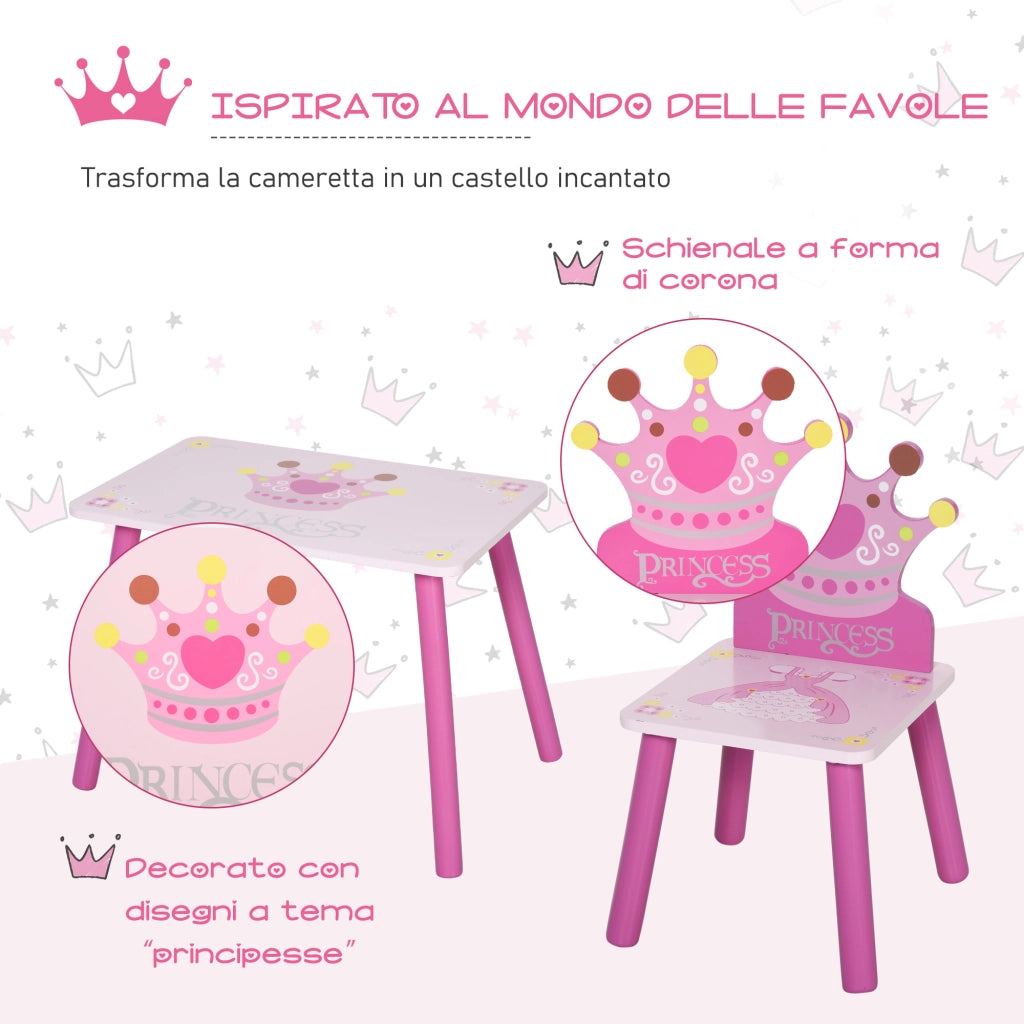 Set Tavolo e 2 Sedie Bambini ¨C zephmum ¨C Legno Rosa con Schienale a Corona