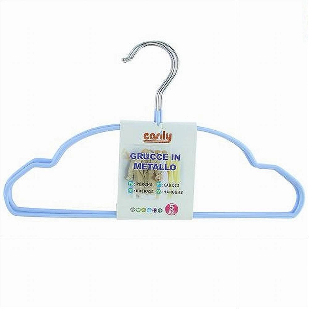 Trade Shop - Set 5pz Grucce Stampelle Metallo Gommate Antiscivolo Celeste Appendi Abiti 87675 -