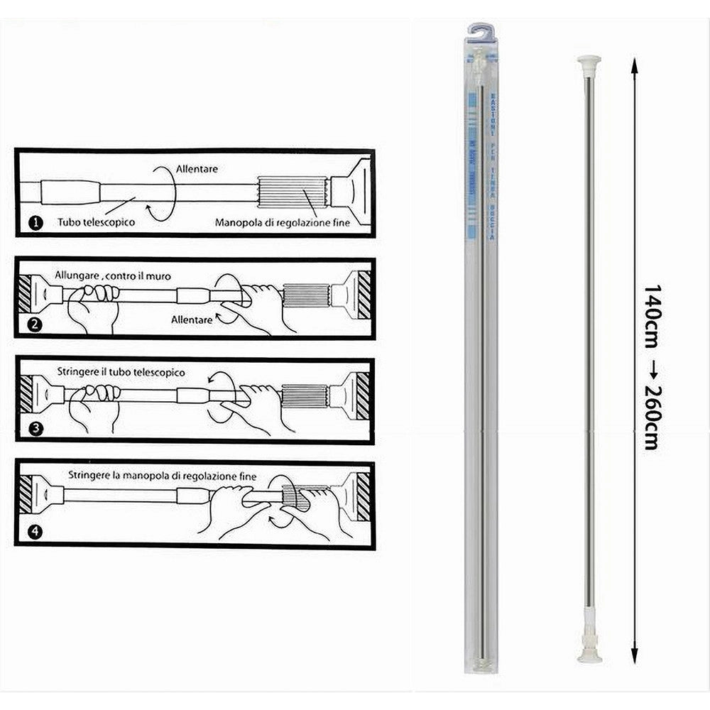 Trade Shop - Bastone Silver Estensibile Asta Appendiabiti Tende Regolabile Da 140-260cm 59410 -