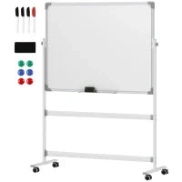 Lavagna Magnetica Bianca a 2 Facce con Accessori e 4 Ruote, in Alluminio e Acciaio, 127x50x165 cm