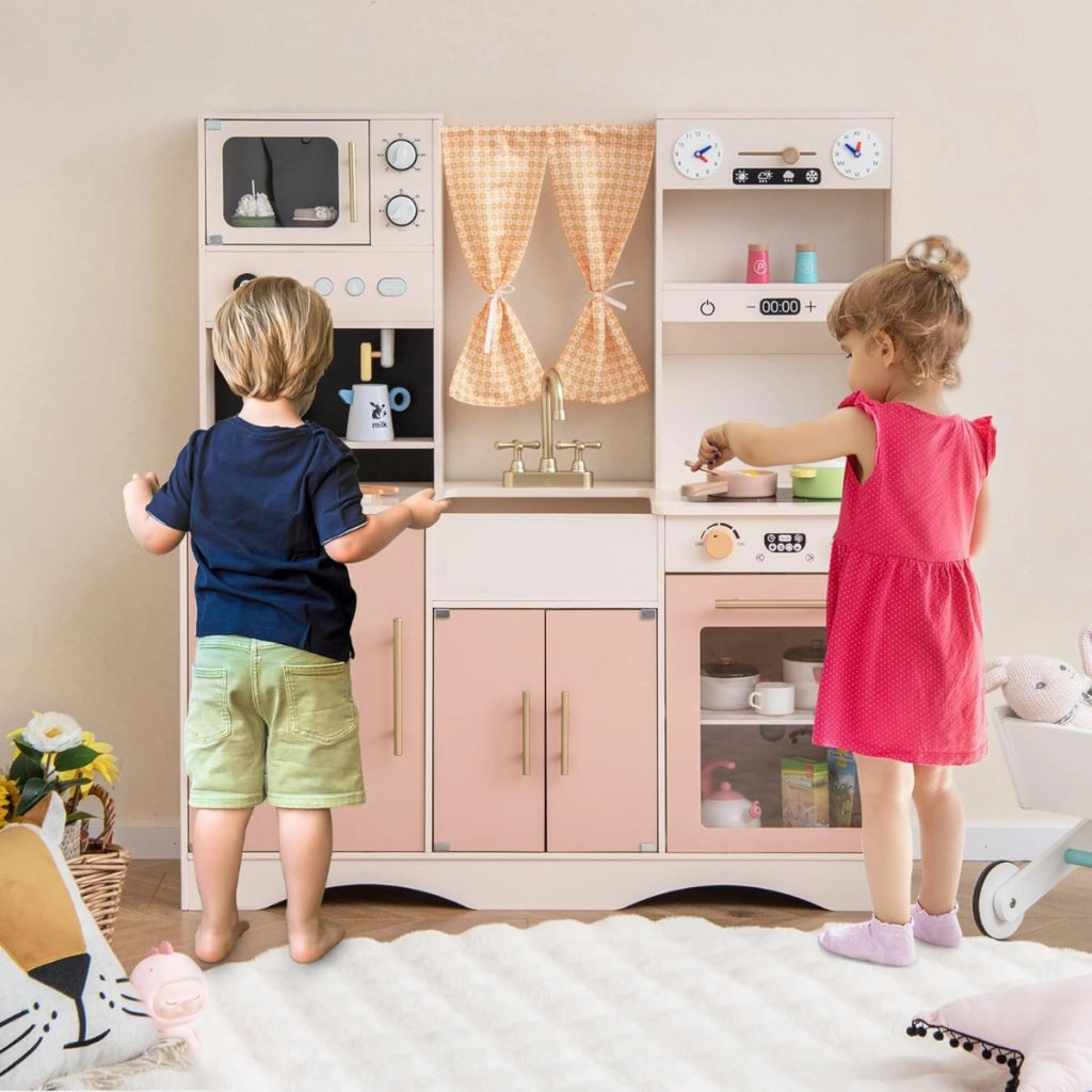 Set da cucina per bambini con microonde macchina del caff¨¨, Cucina giocattolo in legno per piccoli chef 3+ anni Rosa-Cucine giocattoli