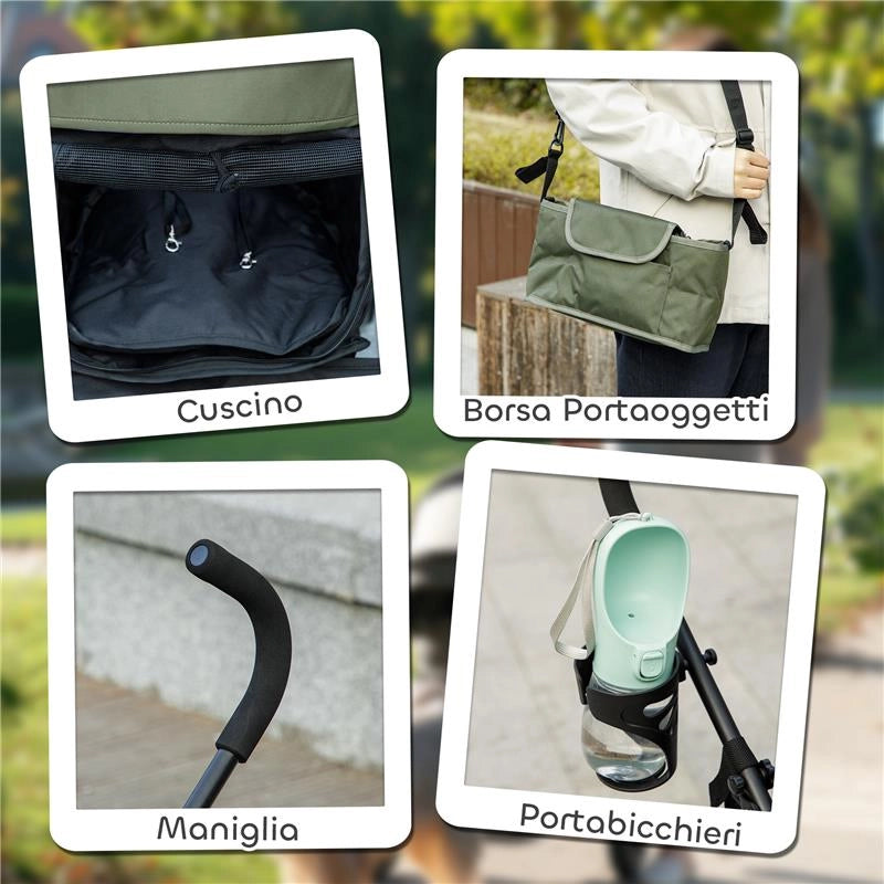 PASSEGGINO PER CANI CON 2 FINESTRE A RETE, IN ACCIAIO E TESSUTO OXFORD, 76X44X103 CM, NERO E VERDE SCURO