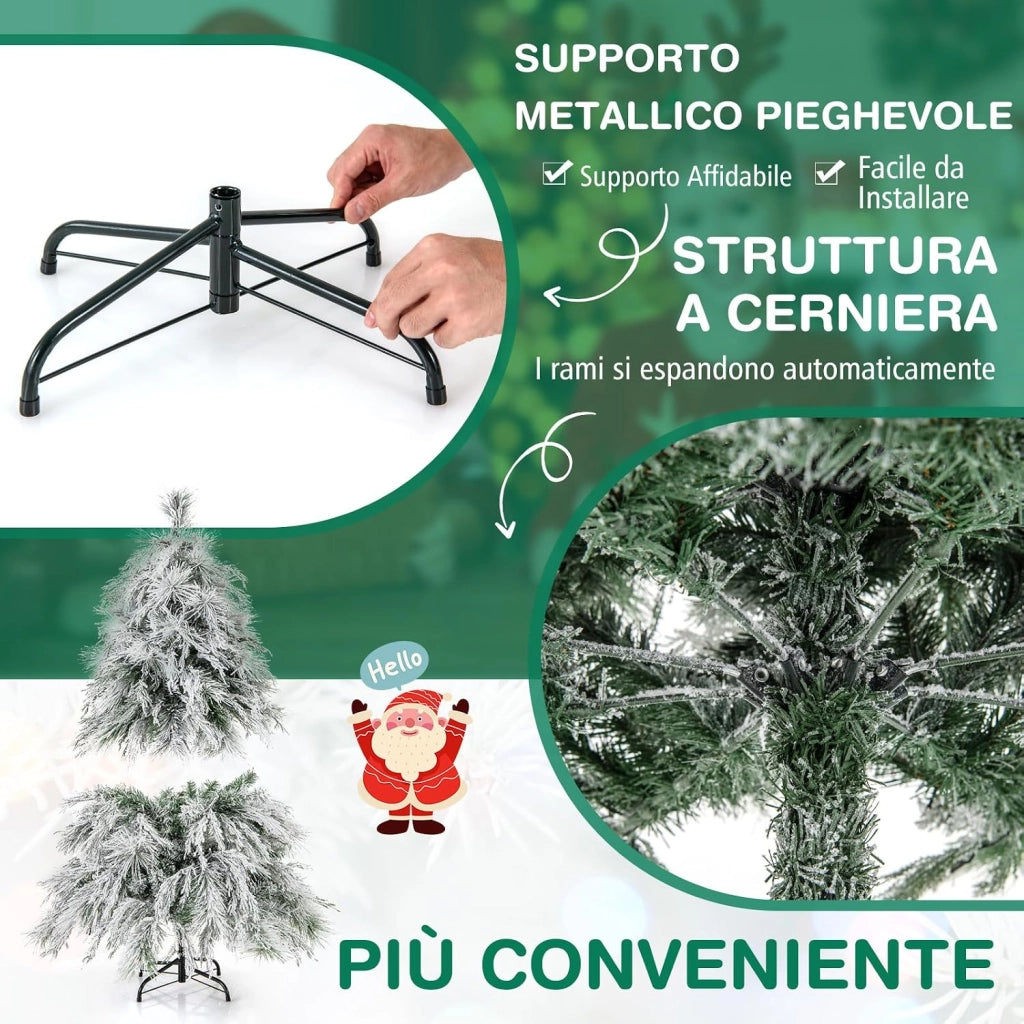 Albero di Natale Innevato 146/180 CM, Albero di Natale Artificiale Pre-Luminoso con Cerniera e 150/250 Luci LED Bianche Calde, 279/519 Punte di Ramo, Ago di Pino (146 CM)