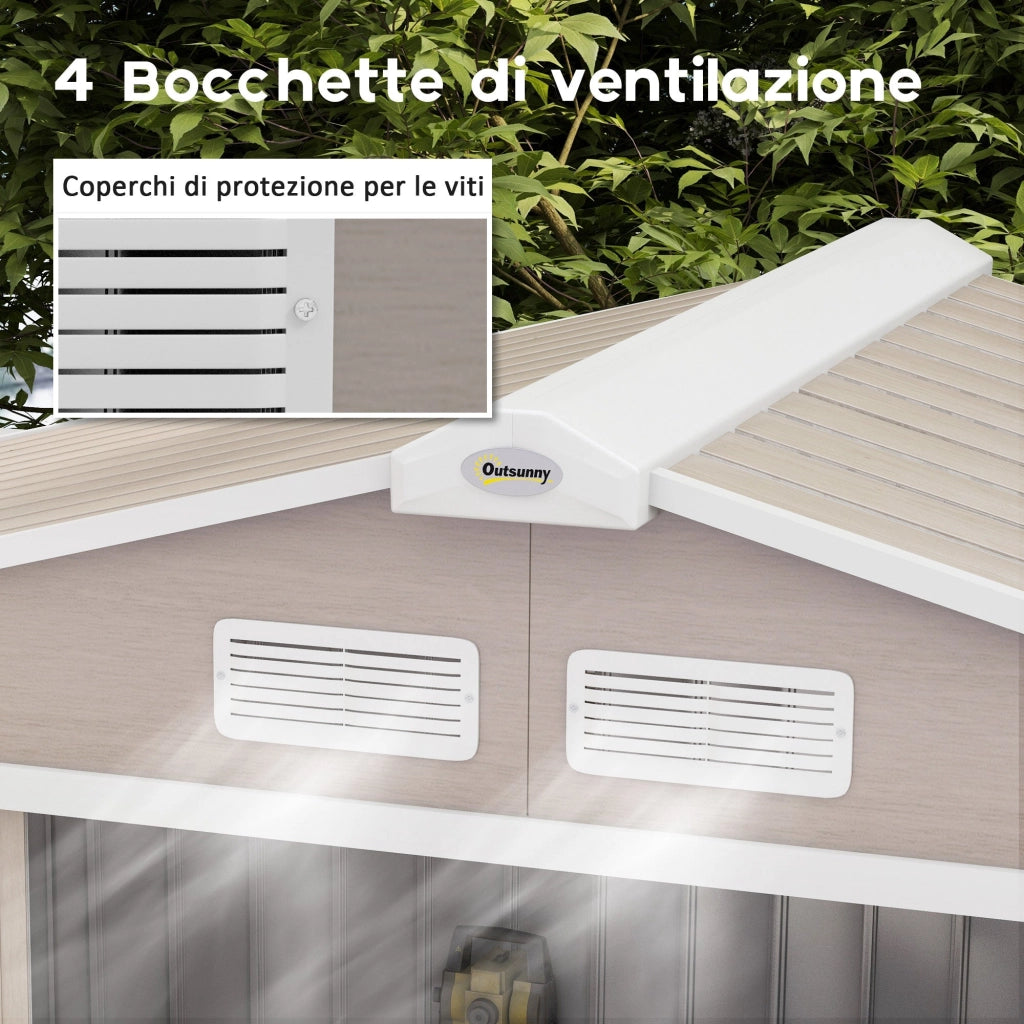 Casetta da Giardino con Prese d'Aria e Doppia Porta Scorrevole  210x130 cm in Metallo Marrone Chiaro