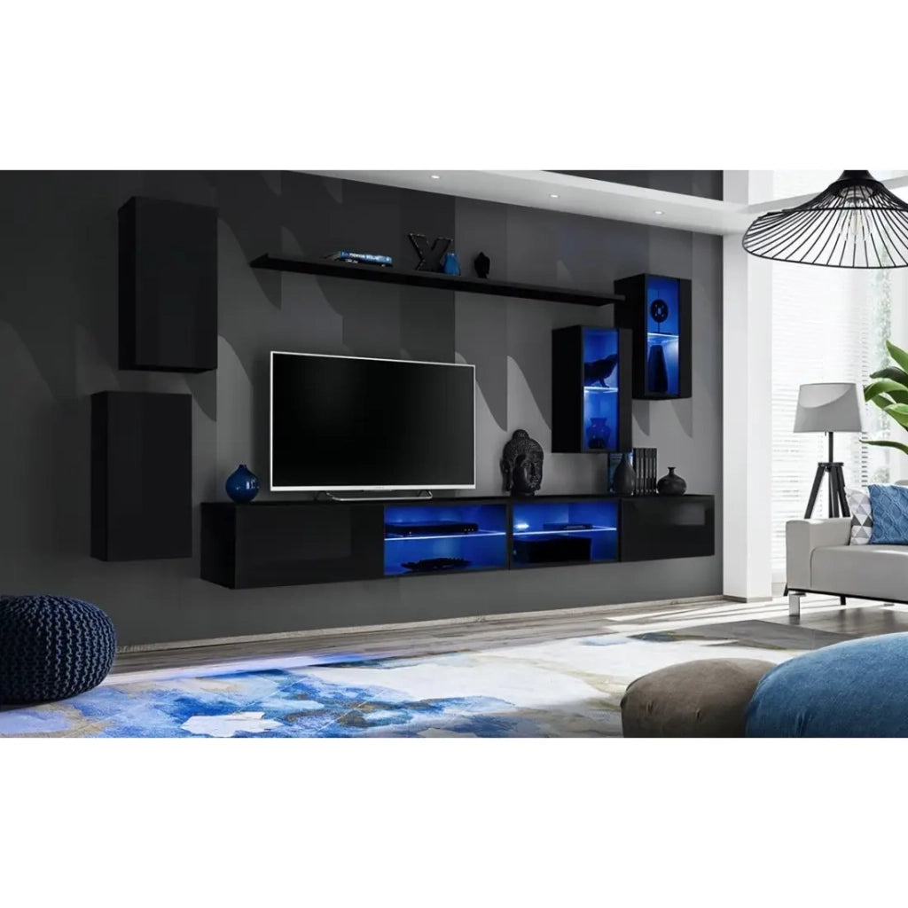 Set di mobili da soggiorno SWITCH XXV – LED – Nero lucido – Design sospeso