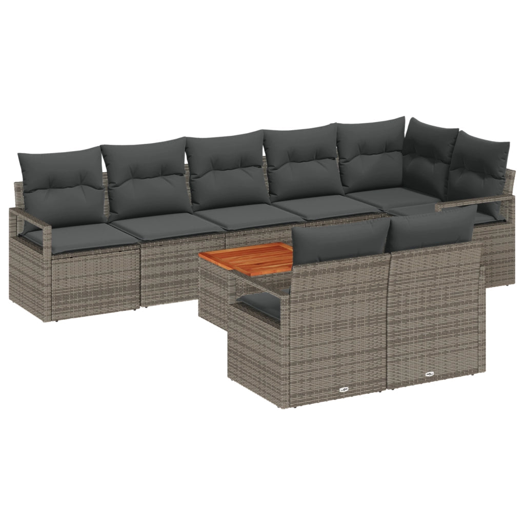 Set di Divani da Giardino in 9 Pezzi con Cuscini Grigio Polirattan Acacia