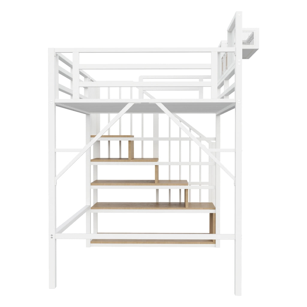 Letto a soppalco 90x200 cm con scala contenitore; finestra decorativa; mensola e LED; struttura in metallo bianco e legno