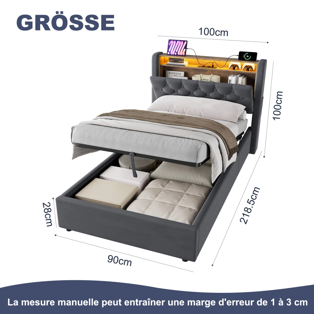 Letto imbottito grigio 90x200 cm con contenitore idraulico, LED e porte USB-A e USB-C