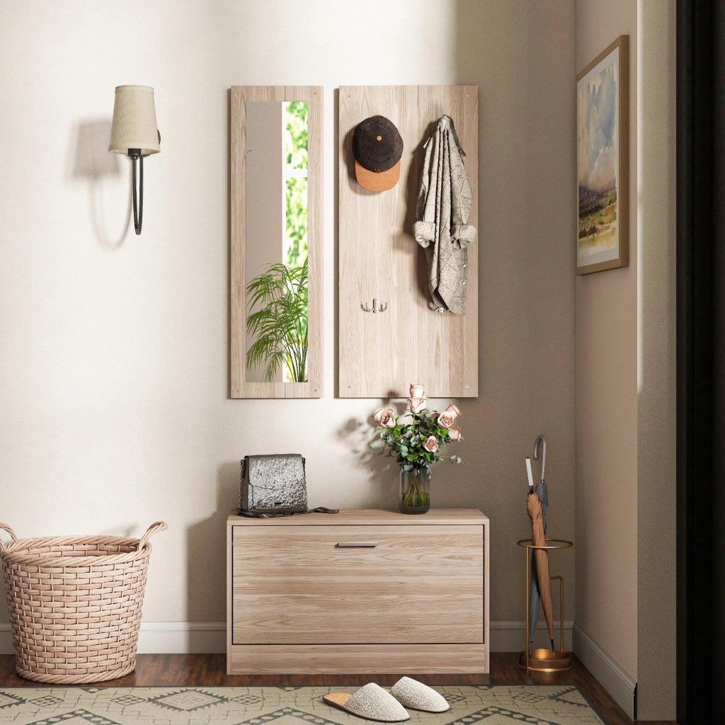 Set Mobili da Ingresso con Panca Scarpiera Appendiabiti a Muro e Specchio in Legno Truciolare Marrone Scuro