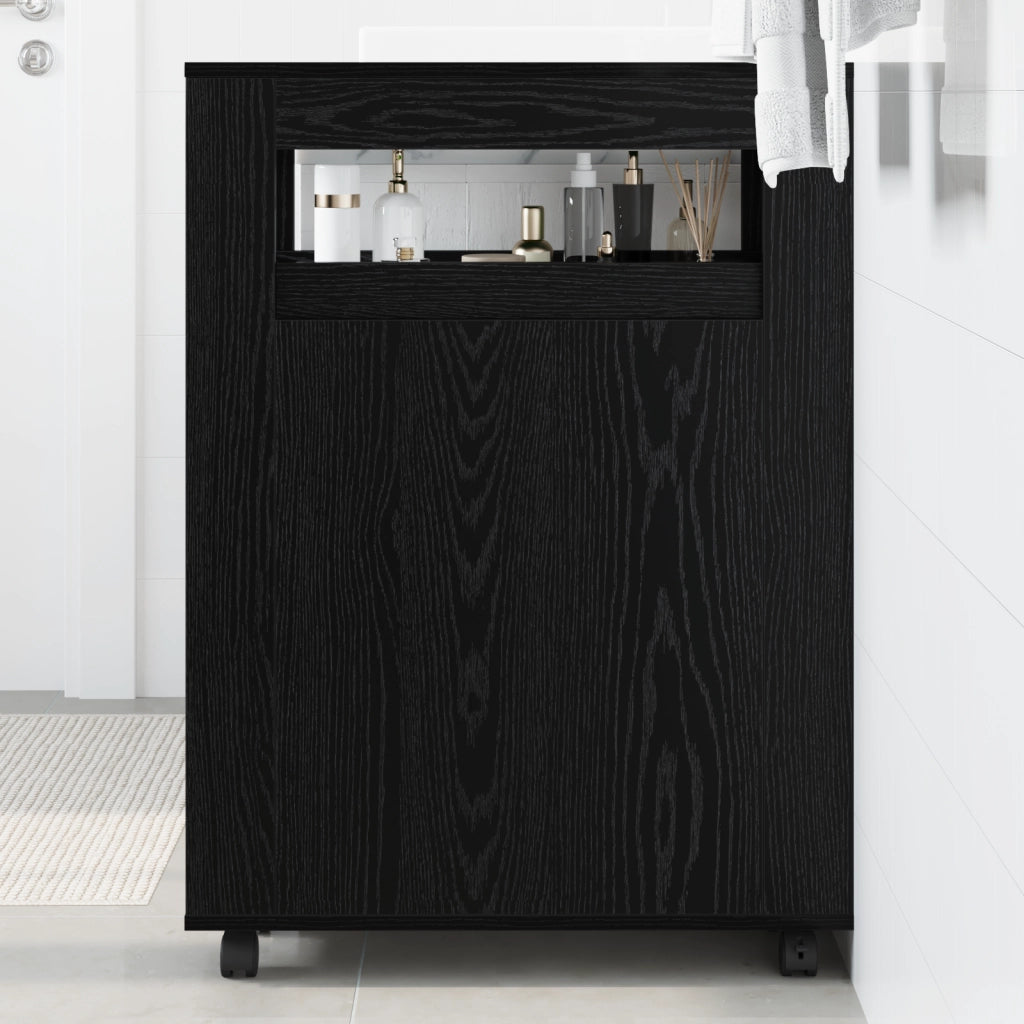 Armadio da bagno stretto con ruote Rovere nero Legno ingegnerizzato
