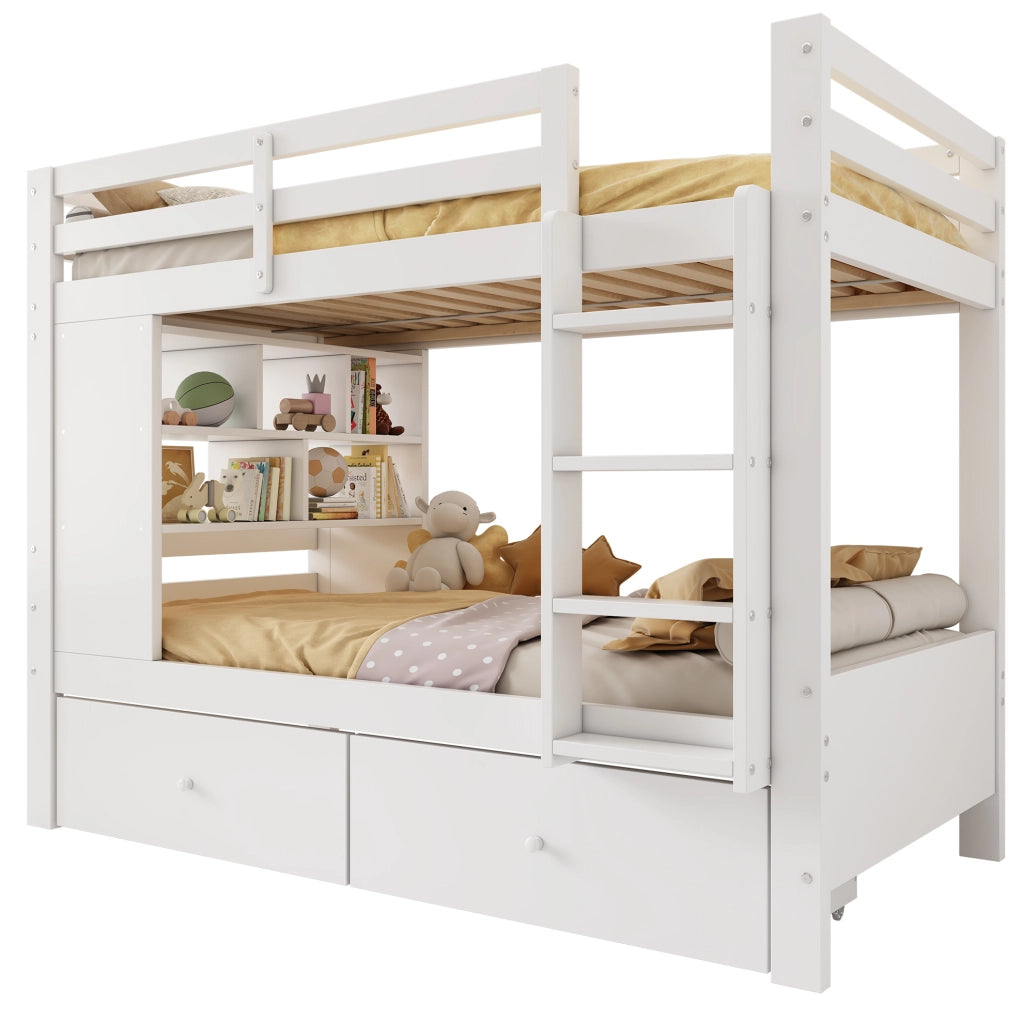 Letto a castello 90x200 cm bianco con 2 cassetti e scaffale