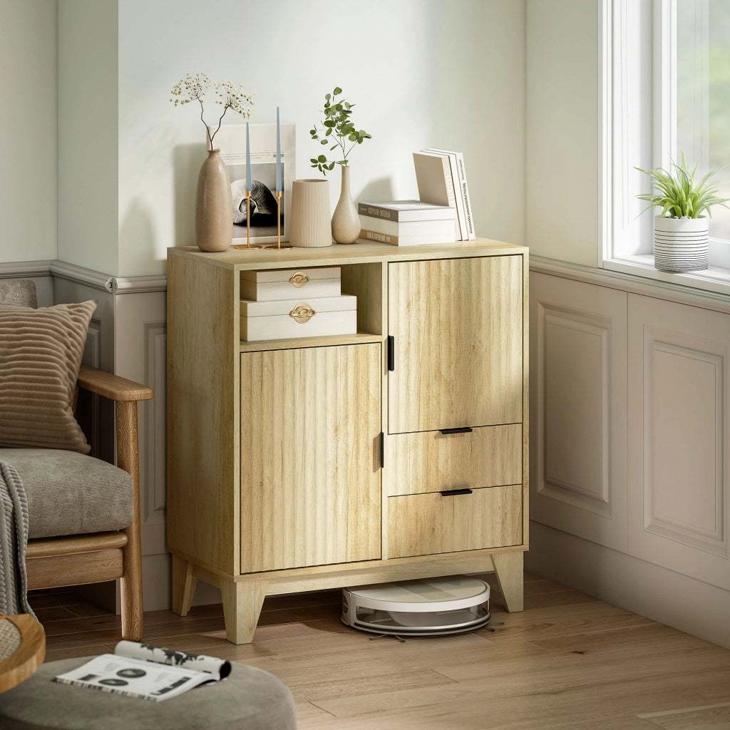 Buffet per soggiorno ¨C zephmum ¨C 80x40x90, legno naturale, 2 ante, 2 cassetti, ripiano regolabile