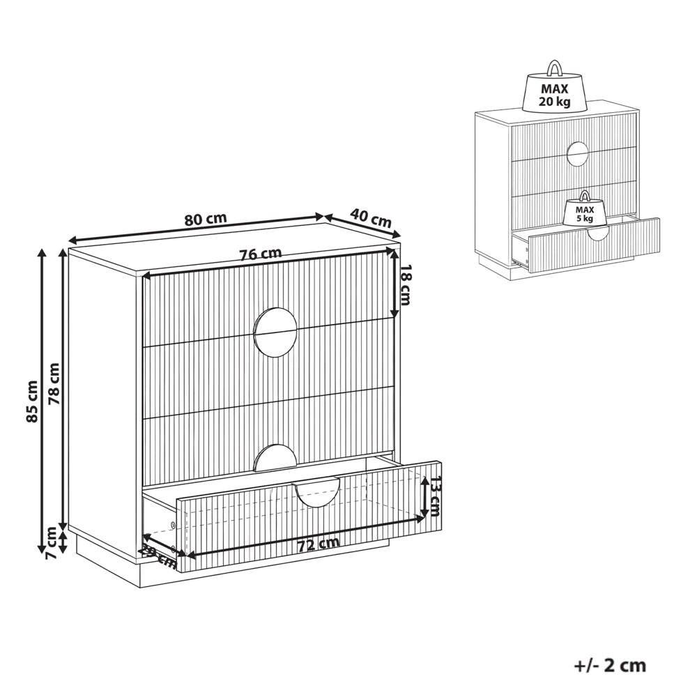 Comodino a 4 cassetti in MDF con frontale a doghe e maniglie in metallo Salotto camera da letto contenitori moderni
